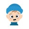 Boy with emotions panic, surprised face, shocked eyes in blue knitted hat