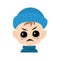 Boy with emotions panic, surprised face, shocked eyes in blue knitted hat