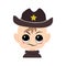 Boy with emotions of suspicious, displeased eyes in sheriff hat with yellow star
