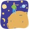 Boy on empty planet, stars and space around, flat vector stock illustration with modern little prince in sweatshirt with scarf and