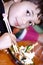 Boy enjoying prawn tempura