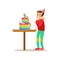 Boy Enjoying Rainbow Cake, Kids Birthday Party Scene With Cartoon Smiling Character