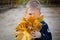 A boy of European appearance with a bouquet of leaves. Autumn day