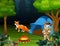 Boy explorer camping in the forest and a fox near the tent