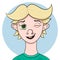 Boy face, vector human head illustration. Blonde kid winking.