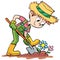 Boy farmer is digging a garden with flowers