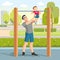Boy with fathers exercising outdoor and fathers help catch up on the horizontal bar. Concept Fatherhood child-rearing