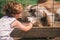 Boy feeding a white goat in a petting zoo in a farm