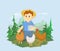 A boy feeds the chickens on the background of a mountain landscape. A farmer working in the field. Vector illustration