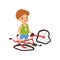 Boy feeling unhappy with his bike broken vector Illustration on a white background