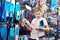 Boy with fins swim at store