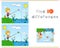 A boy fisherman fishing on the river bank. Educational game for