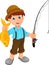 Boy fishing holding fish cartoon