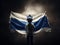 A boy with the flag of Israel. A child stands in front of Israeli flag. Kid with Israel flag. Nationality and patriotism concept.