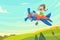 Boy flying in airplane. Funny cartoon illustration