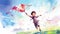 Boy flying a colorful kite against colorful sky. Kid holding a vibrant kite. Concept of childhood, outdoor activity