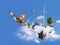 The boy flying form city floating in the sky with clouds consisting of windmills, buildings, trees and waterfalls. ecology concept