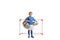 Boy with a football and sports bag standing in front of a mini goal