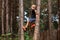 Boy in the forest climbed into the trees between two pine trees