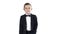 Boy in formal costume walking with a hand in pocket on white background.