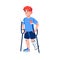 Boy with fracture of leg on crutches, flat cartoon vector illustration isolated.