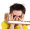 Boy with frightened look in white background