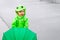 Boy In Frog Raincoat With a Green Umbrella Standing On a Street