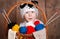 Boy in funny knitting panda hat