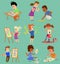 Boy and girl artist vector creative play games kids children. Education artist kids painting around blank canvas with