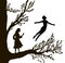 Boy and girl on the big tree, tree of childhood, childhood memory, way to the wonderland,