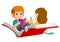 Boy and girl child flying on a big open book