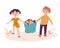 Boy and girl children carry the collected rubbish in a trash bag. Garbage recycling nature cleaning concept. Vector