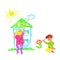 Boy And Girl Children Drawing With Crayon Vector