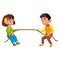 Boy And Girl Children Pulling Rope Together Vector