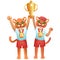 Boy and girl cougars in sport uniform are rising high the gold goblet