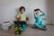 Boy and girl on distant learning at home, online education for kids
