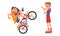 Boy and Girl Falling Off Bike and Having Elbow Injury Riding Roller Skates Vector Set