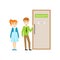 Boy And Girl In Front Of Classroom Door, Part Of School And Scholar Life Series Of Minimalistic Illustrations