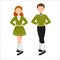 Boy and girl in green clothers are dancing together. Irish dancers isolated on a white background. Vector flat