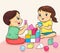 boy and girl happy to playing with building colorful block vector illustration