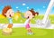 Boy and girl hold cheese and milk near the milky river on natural background - cartoon vector