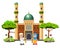the boy and the girl are holding the ramadan lantern in front of the green mosque
