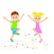 Boy and girl joyfully bouncing,