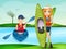 Boy and girl with kayak on river