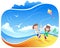 Boy and girl with kite on beach