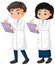 Boy and girl in lab gown writing note on white background