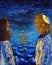 Boy and girl are looking at a candle Hanukkah painting art religious holiday greeting card