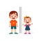 Boy and girl measure height and compare grow progress