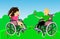 Boy and girl in nature. Disabled children in wheelchairs