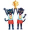 Boy and girl panthers in sport uniform are rising high the gold goblet